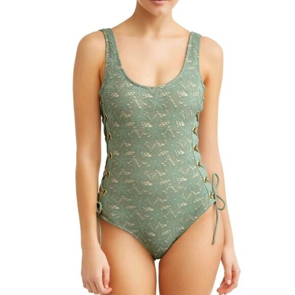 Sage Green Crochet Lace One-Piece Swimsuit Nude Lining Sexy Lace Up Side Medium - Picture 2 of 14